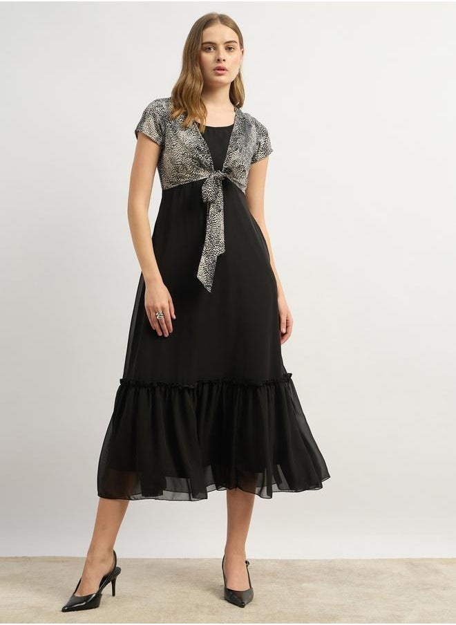 Contrast Animal Print Tie-Up Detail Midi Dress