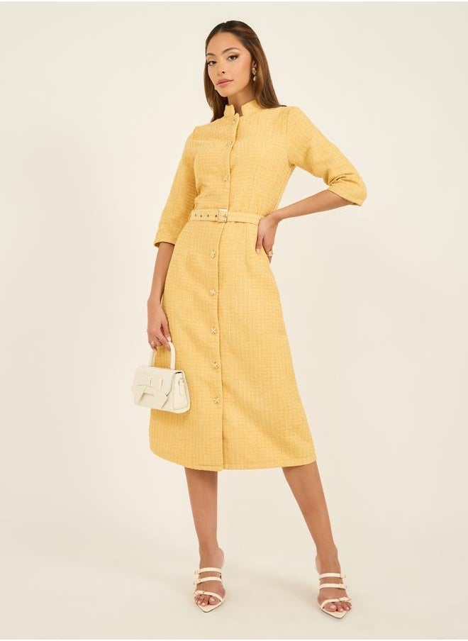 Textured Collared A-Line Midi Dress with Belt