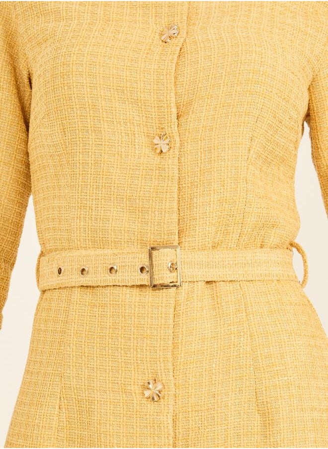 Textured Collared A-Line Midi Dress with Belt