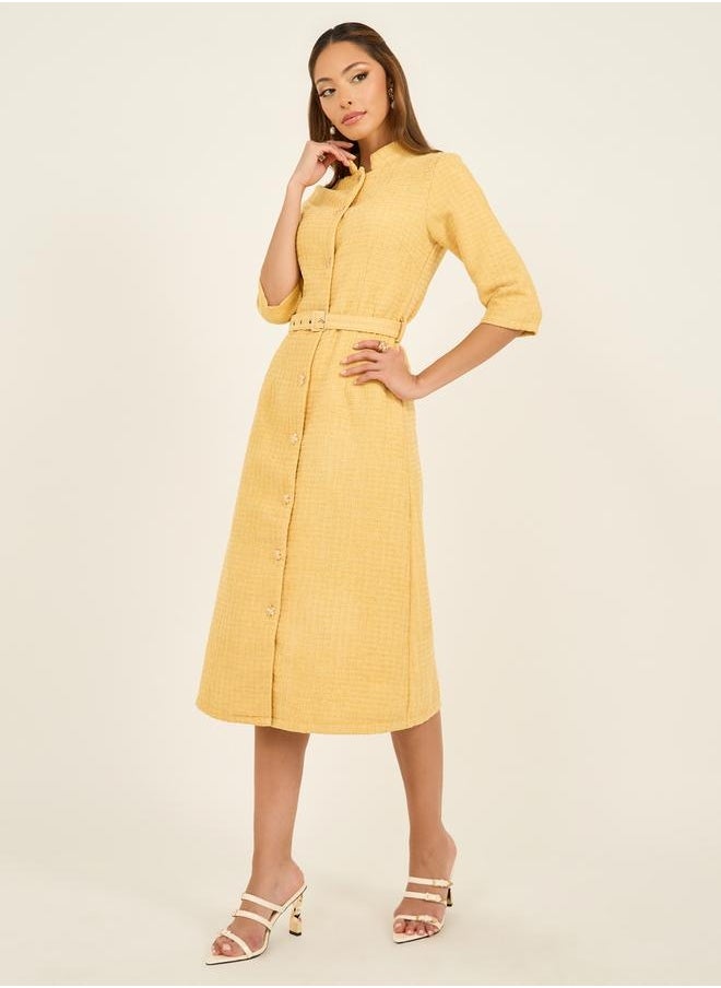 Textured Collared A-Line Midi Dress with Belt