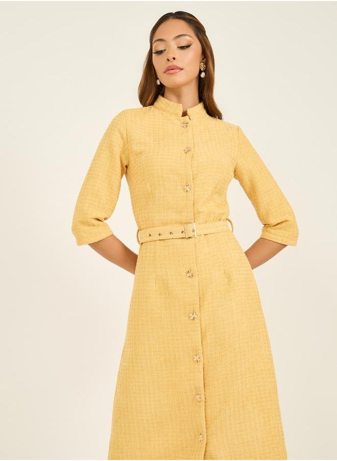 Textured Collared A-Line Midi Dress with Belt