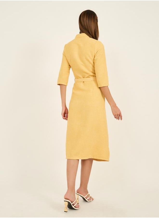 Textured Collared A-Line Midi Dress with Belt
