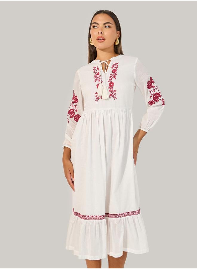 Embroidered Long Sleeves A-Line Midi Dress