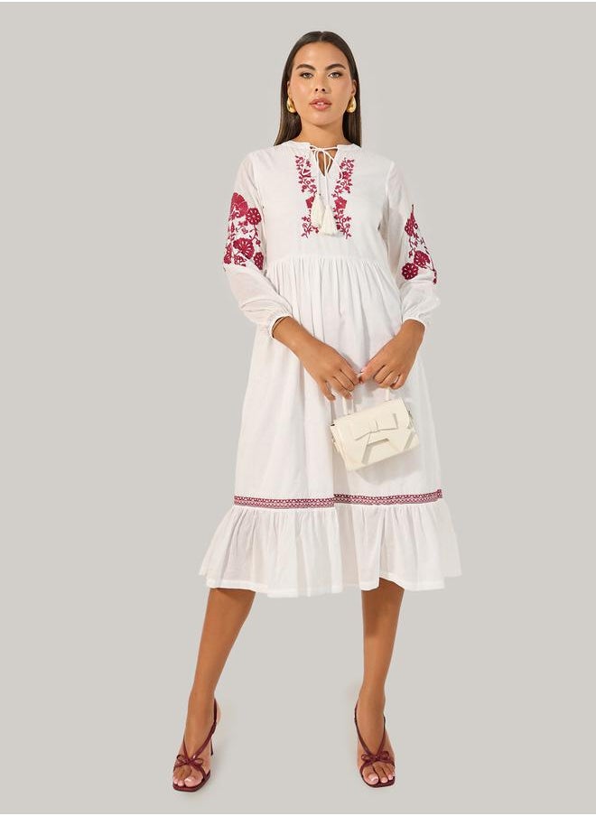 Embroidered Long Sleeves A-Line Midi Dress