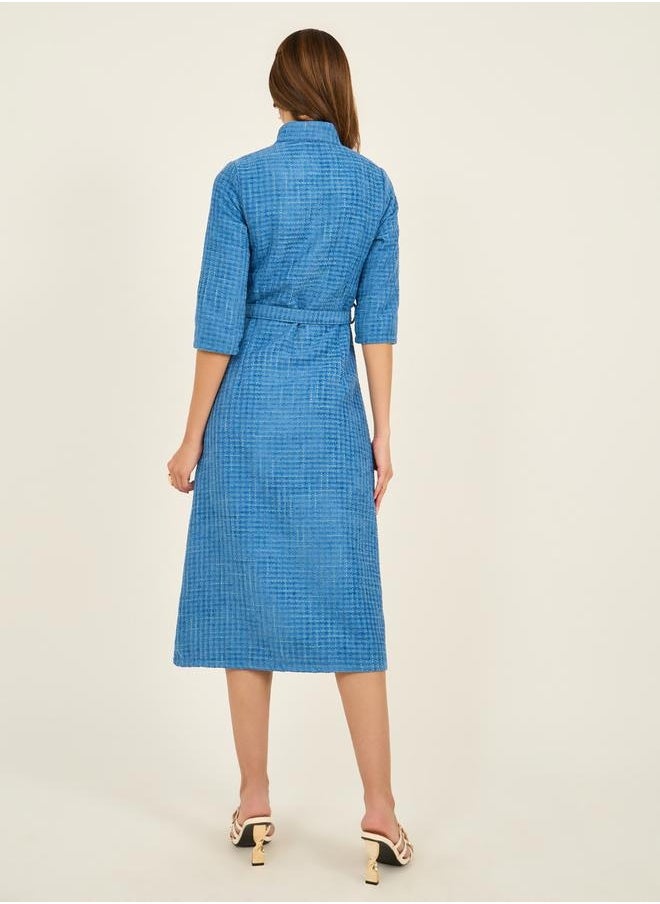 Tweed A-Line Belted Midi Dress with 3/4th Sleeves