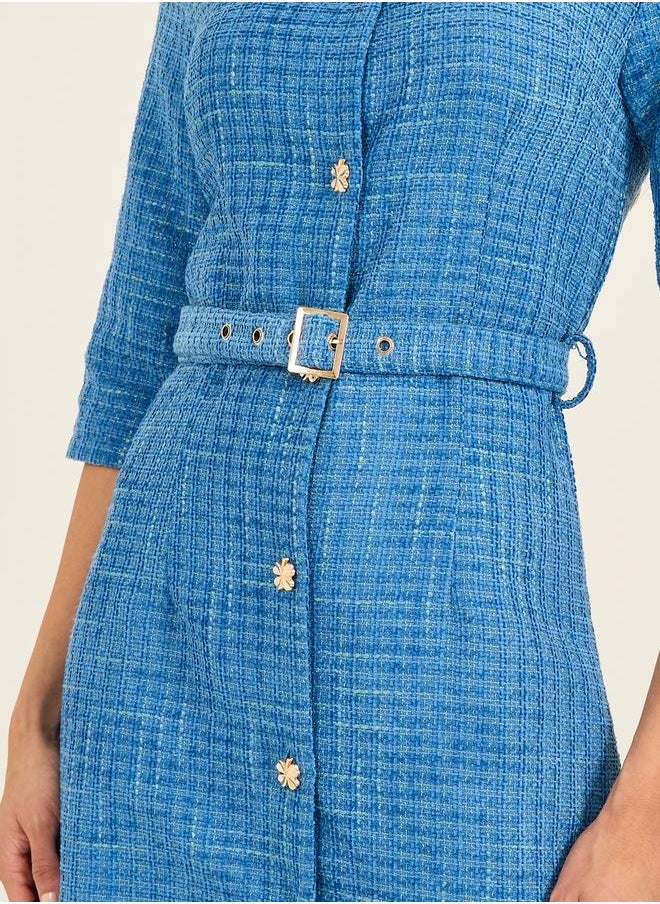 Tweed A-Line Belted Midi Dress with 3/4th Sleeves