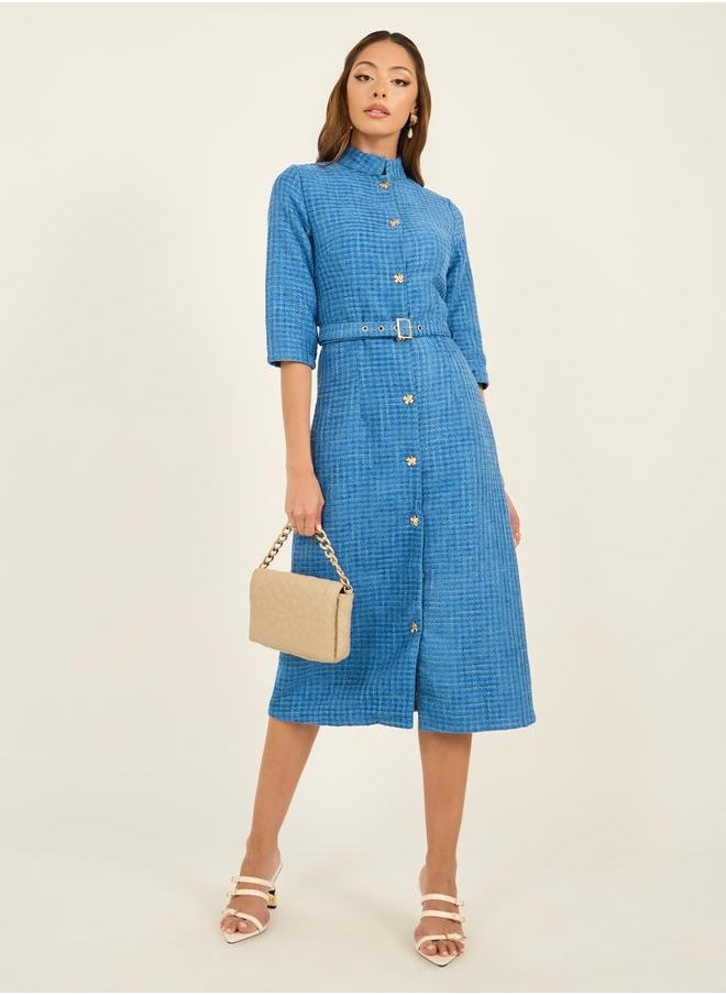 Tweed A-Line Belted Midi Dress with 3/4th Sleeves