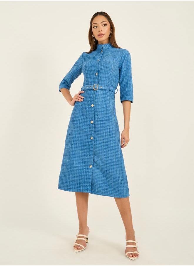Tweed A-Line Belted Midi Dress with 3/4th Sleeves