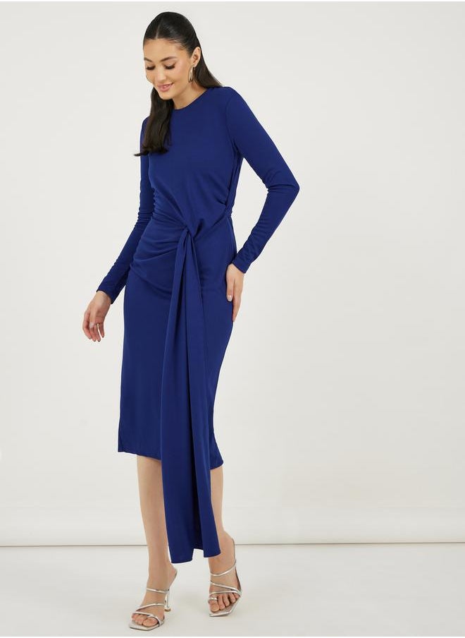 Solid Long Sleeves Sheath Midi Dress with Self Tie Up