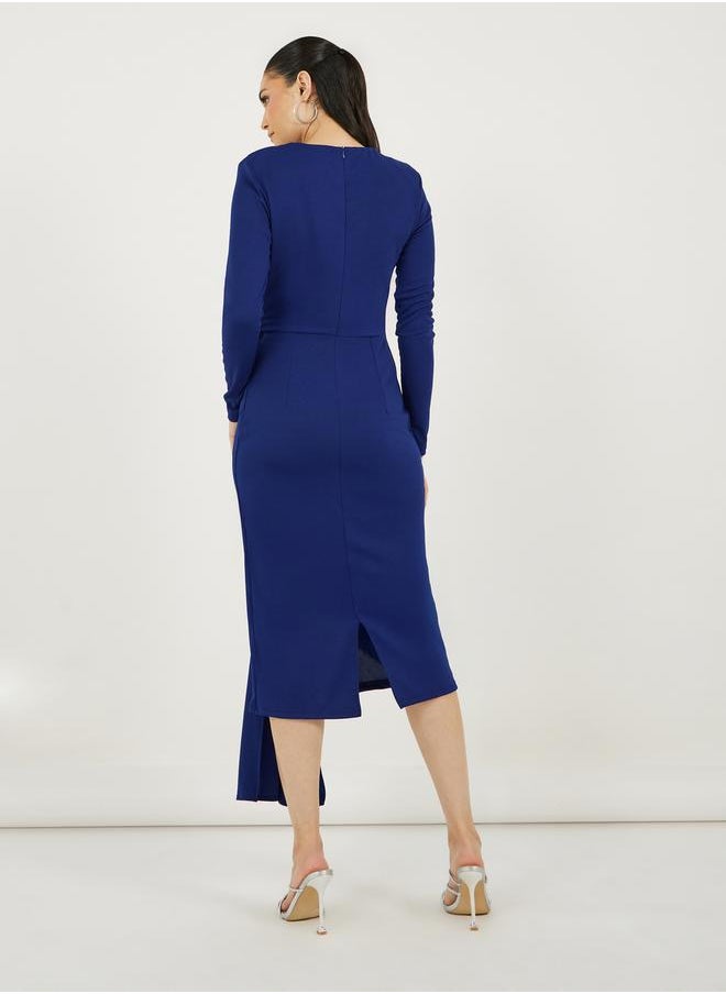 Solid Long Sleeves Sheath Midi Dress with Self Tie Up