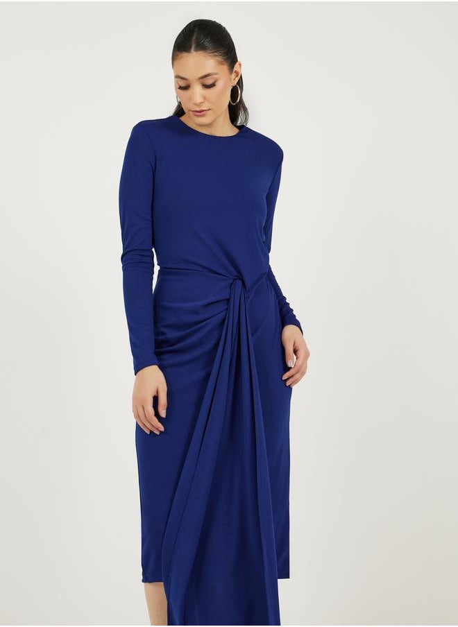 Solid Long Sleeves Sheath Midi Dress with Self Tie Up