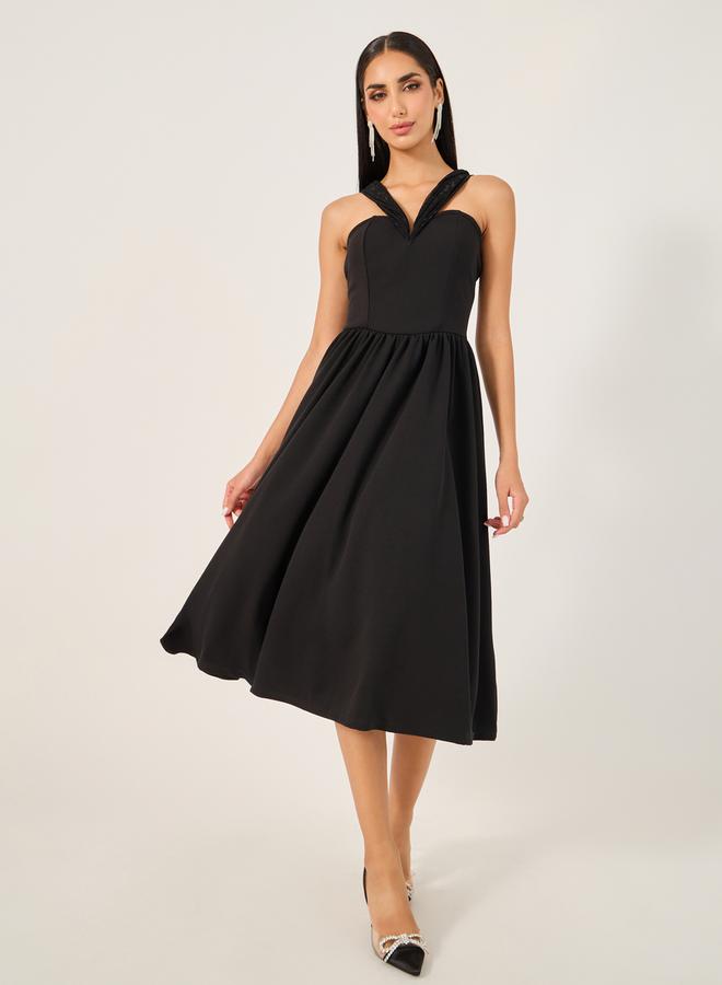Solid Sleeveless A-Line Midi Dress
