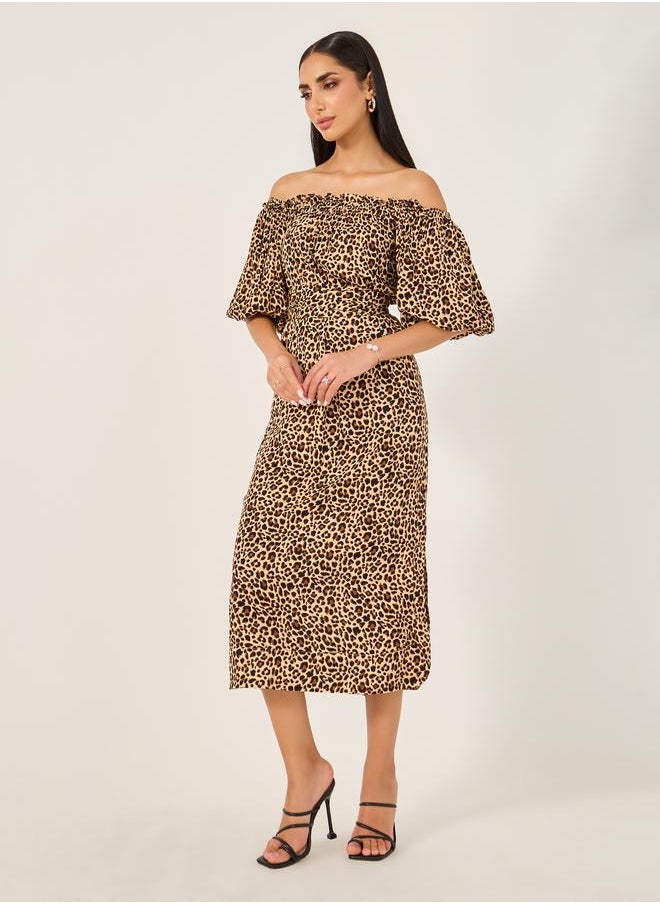 All-Over Print Off Shoulder Neck A-Line Midi Dress