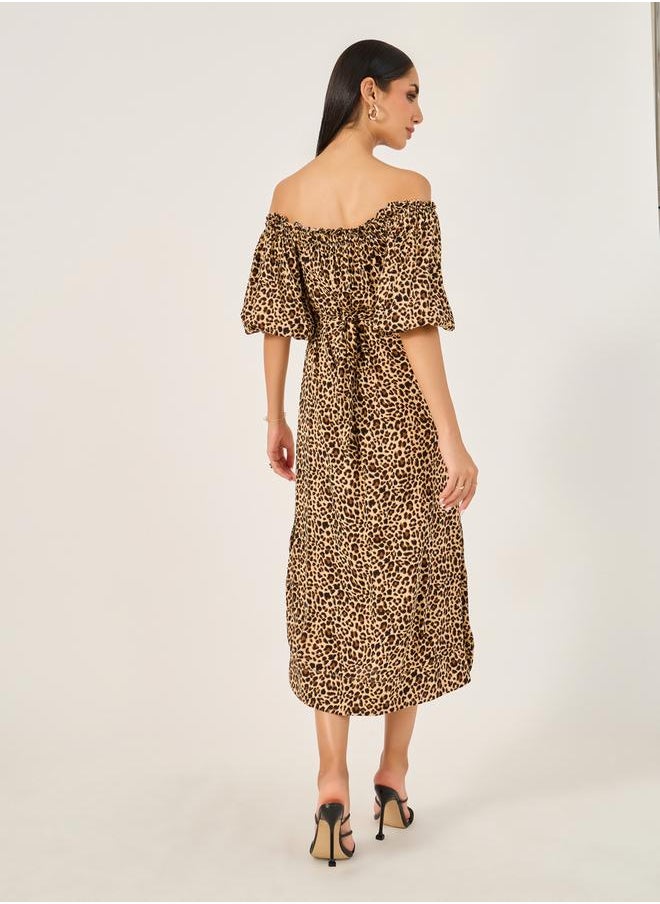 All-Over Print Off Shoulder Neck A-Line Midi Dress