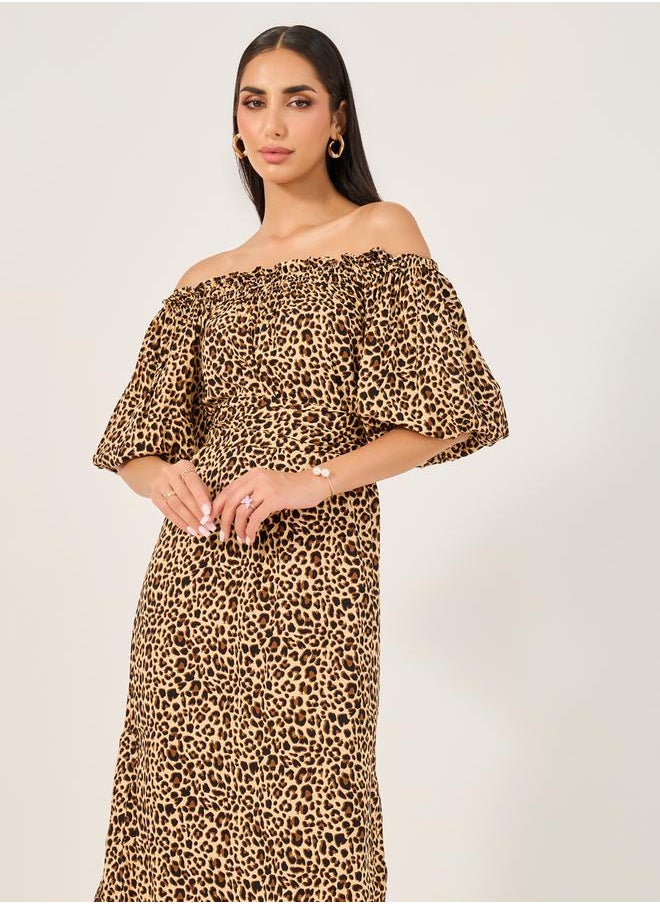 All-Over Print Off Shoulder Neck A-Line Midi Dress