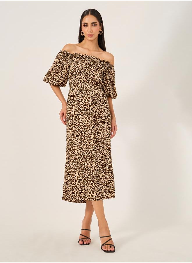 All-Over Print Off Shoulder Neck A-Line Midi Dress