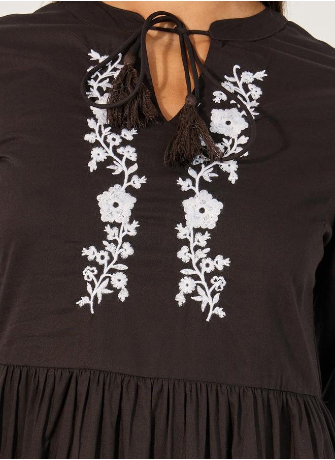 Embroidered Long Sleeves A-Line Midi Dress