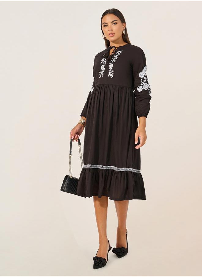 Embroidered Long Sleeves A-Line Midi Dress