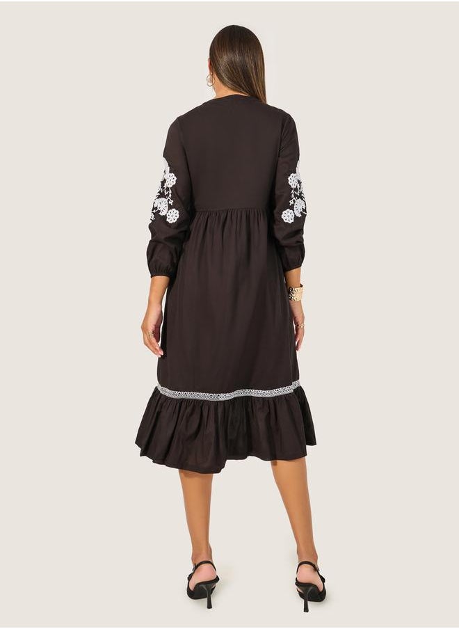 Embroidered Long Sleeves A-Line Midi Dress