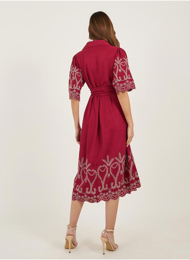 Schiffli Detail Volume Sleeves A-Line Midi Dress