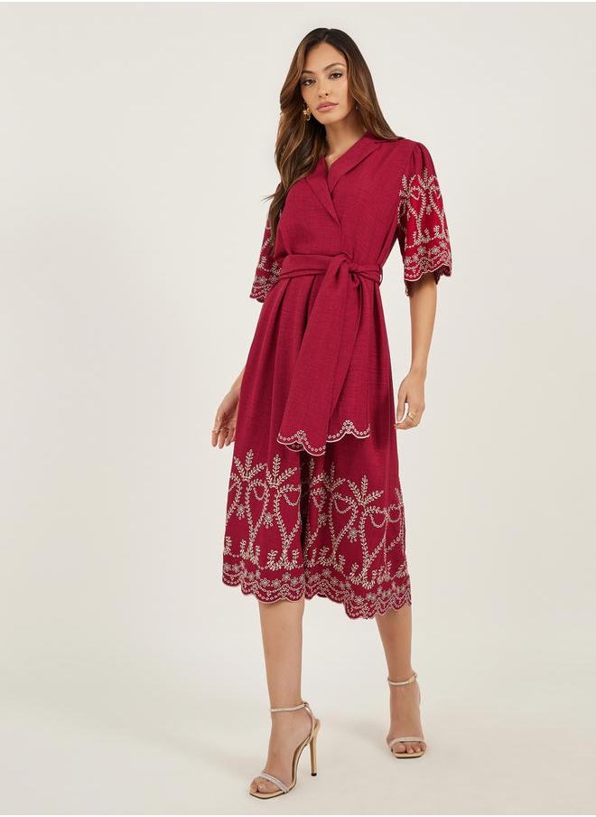Schiffli Detail Volume Sleeves A-Line Midi Dress