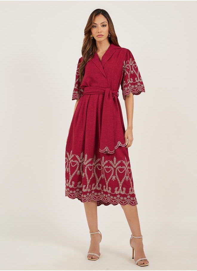 Schiffli Detail Volume Sleeves A-Line Midi Dress