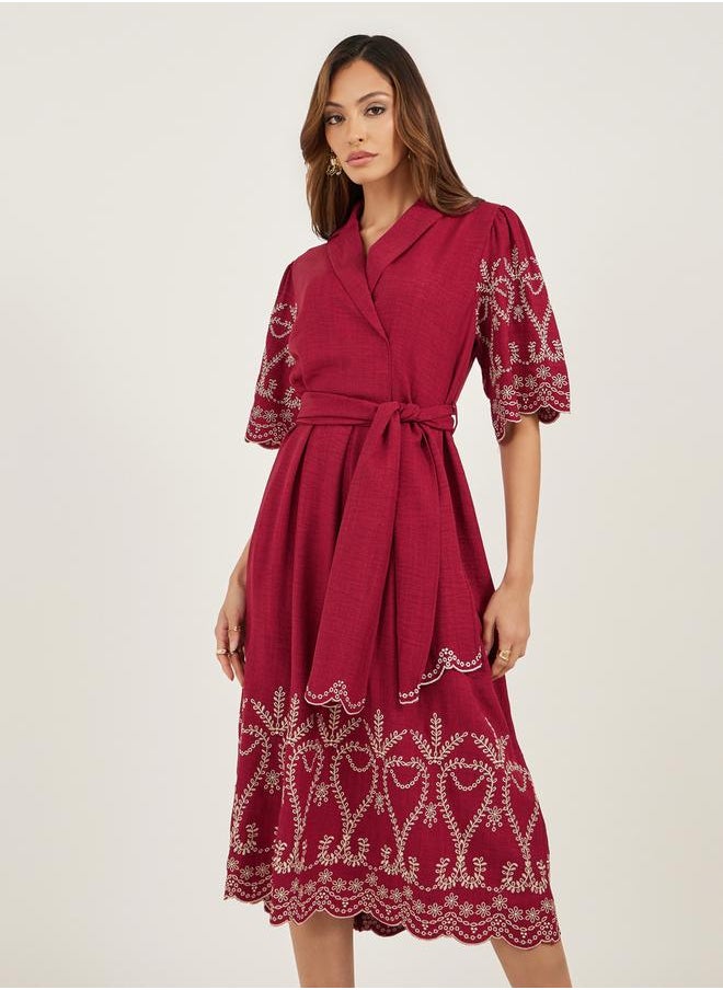 Schiffli Detail Volume Sleeves A-Line Midi Dress