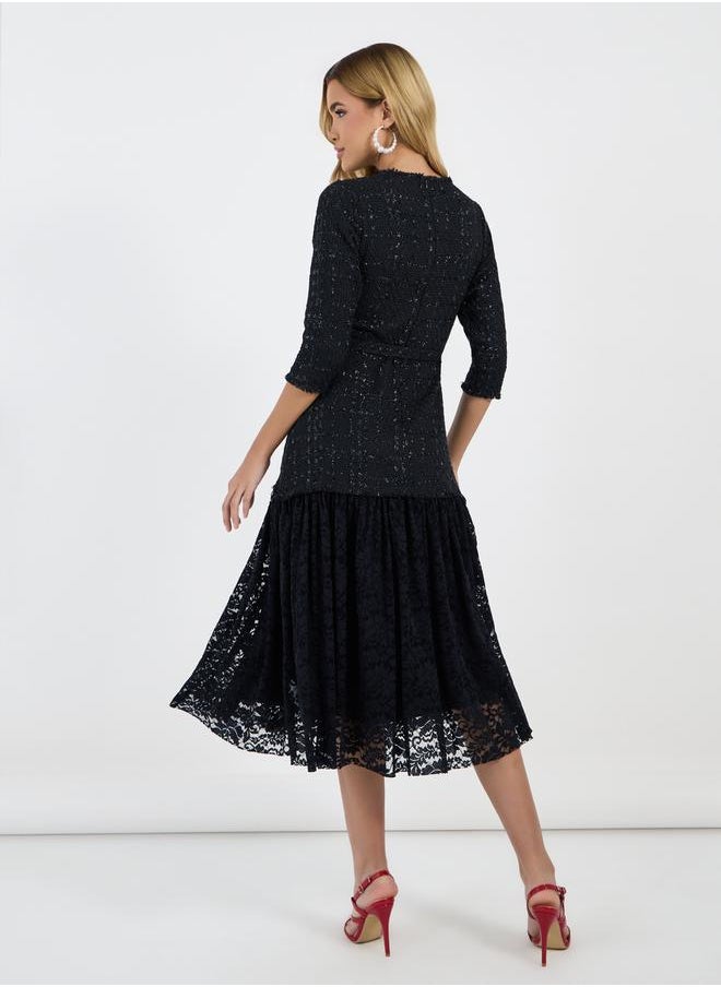 Lace Insert 3/4th Sleeves A-Line Midi Dress