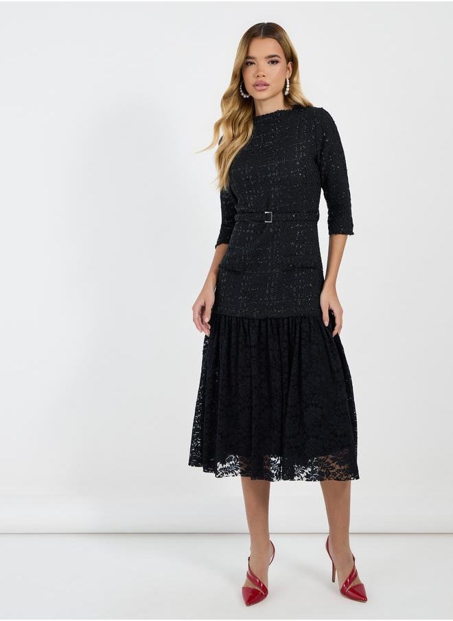Lace Insert 3/4th Sleeves A-Line Midi Dress