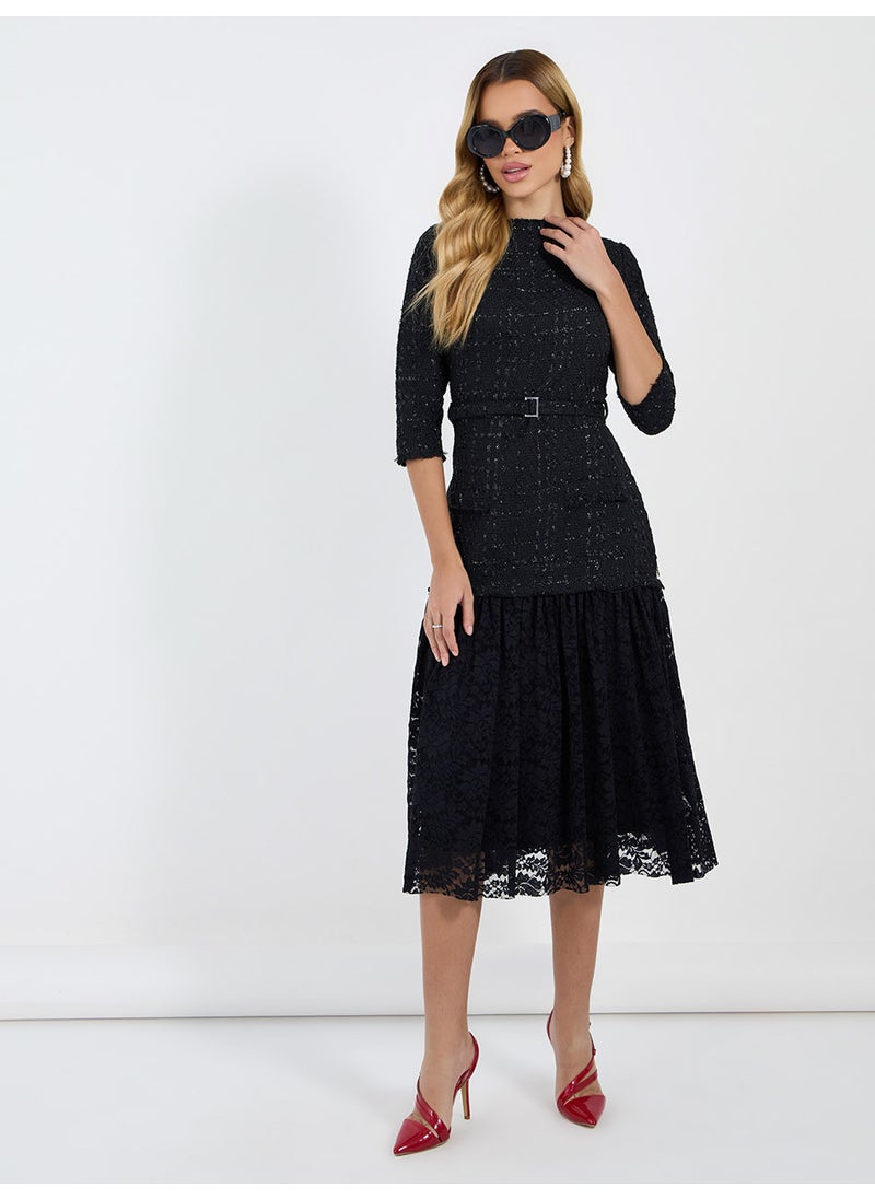 Lace Insert 3/4th Sleeves A-Line Midi Dress