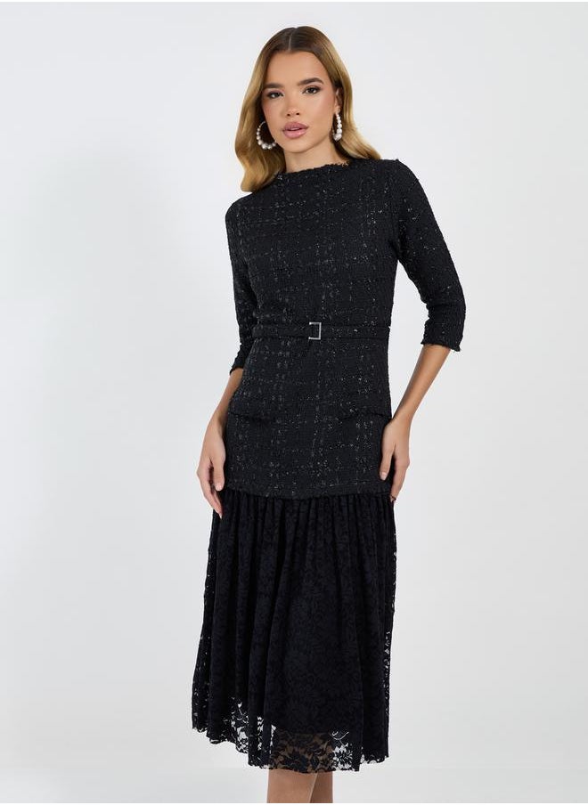 Lace Insert 3/4th Sleeves A-Line Midi Dress