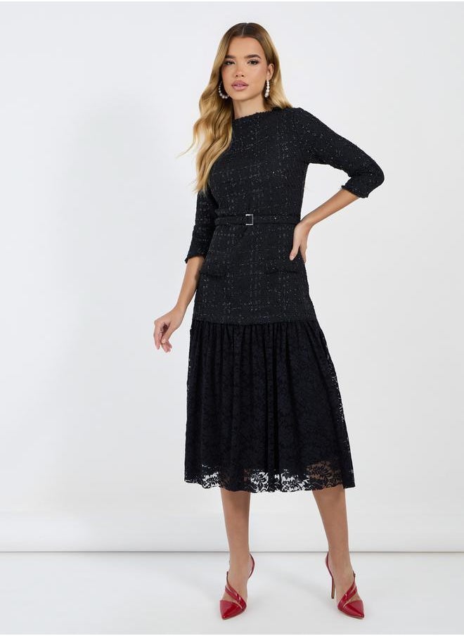 Lace Insert 3/4th Sleeves A-Line Midi Dress