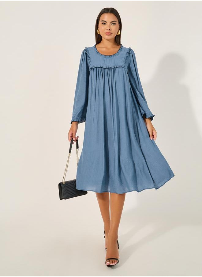 Plain Long Sleeves Shift Midi Dress with Ruffle Trim
