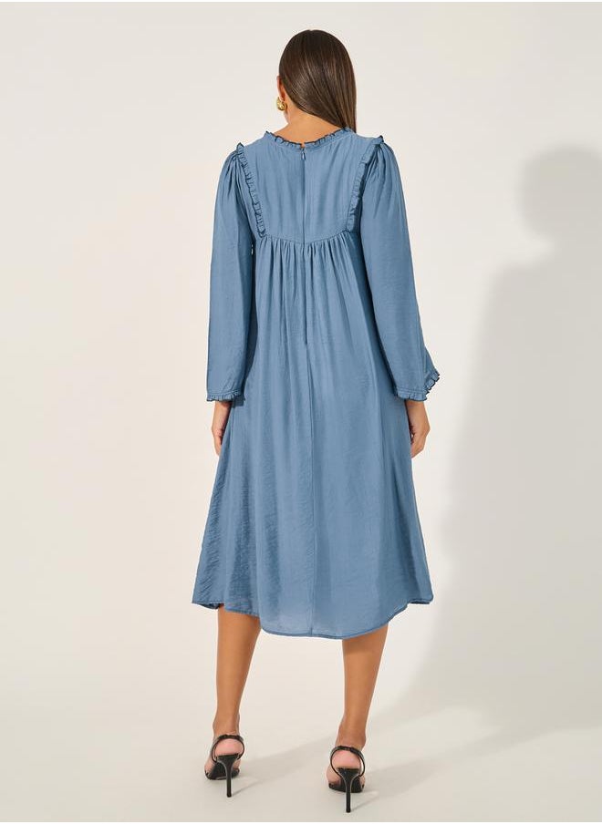 Plain Long Sleeves Shift Midi Dress with Ruffle Trim