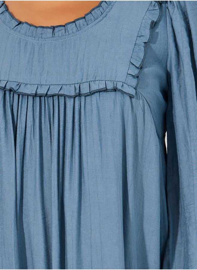 Plain Long Sleeves Shift Midi Dress with Ruffle Trim