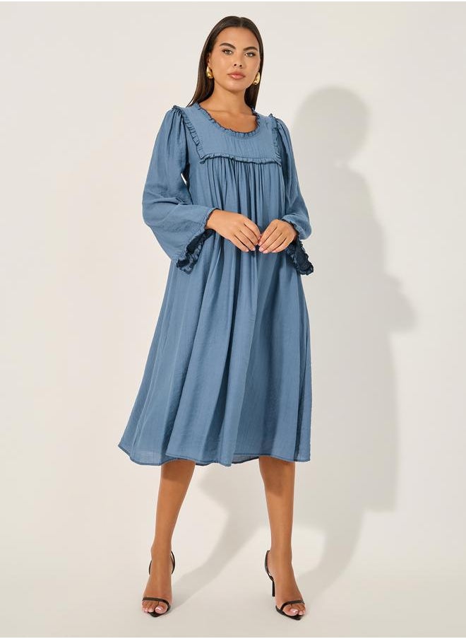 Plain Long Sleeves Shift Midi Dress with Ruffle Trim