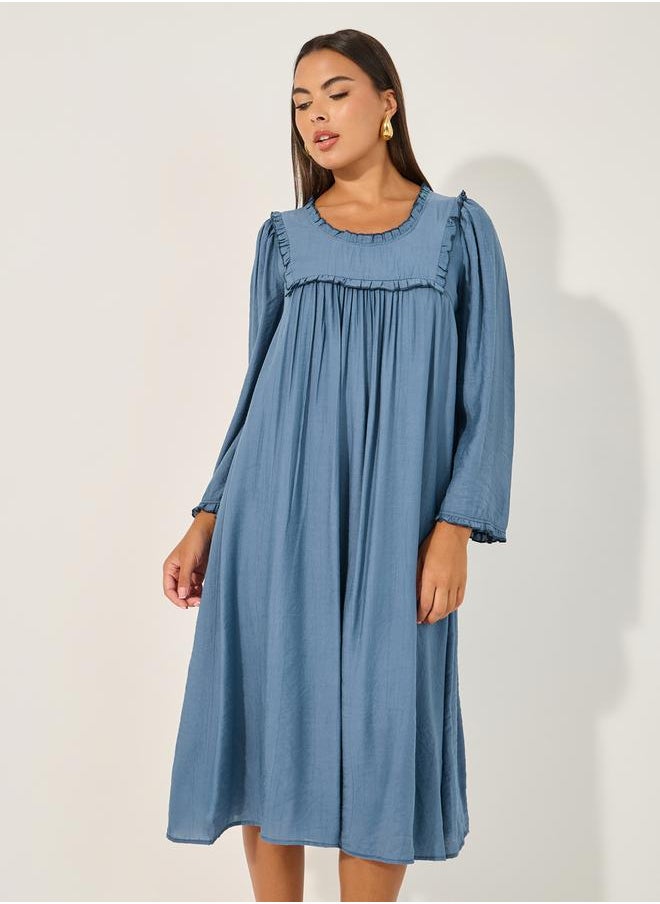 Plain Long Sleeves Shift Midi Dress with Ruffle Trim