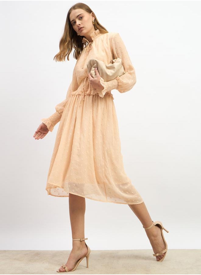 Dobby Design Smocked Waist A-Line Midi Dress