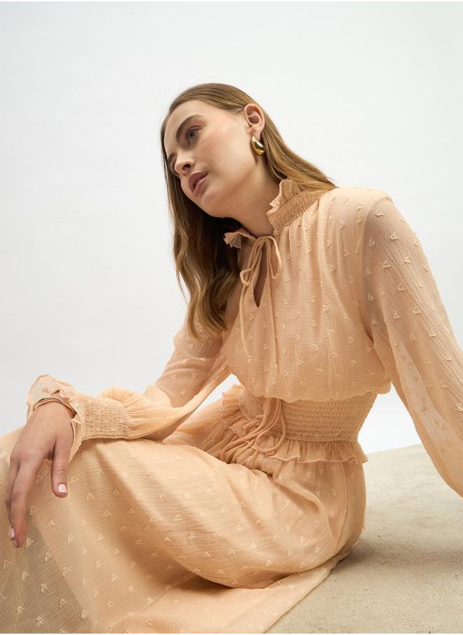 Dobby Design Smocked Waist A-Line Midi Dress
