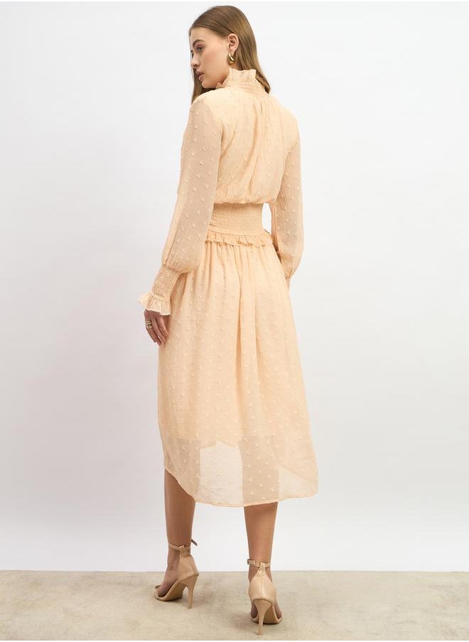 Dobby Design Smocked Waist A-Line Midi Dress