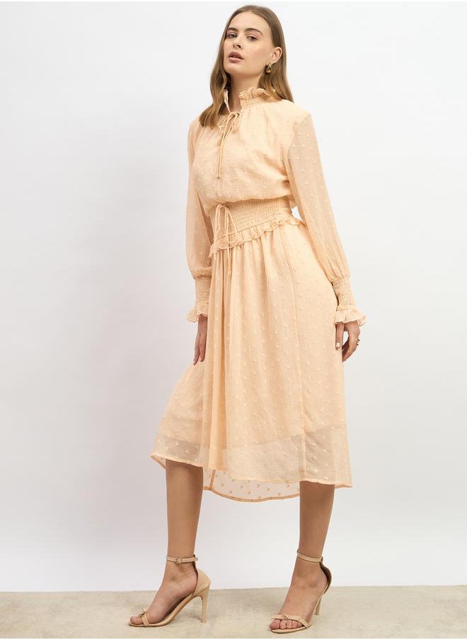 Dobby Design Smocked Waist A-Line Midi Dress