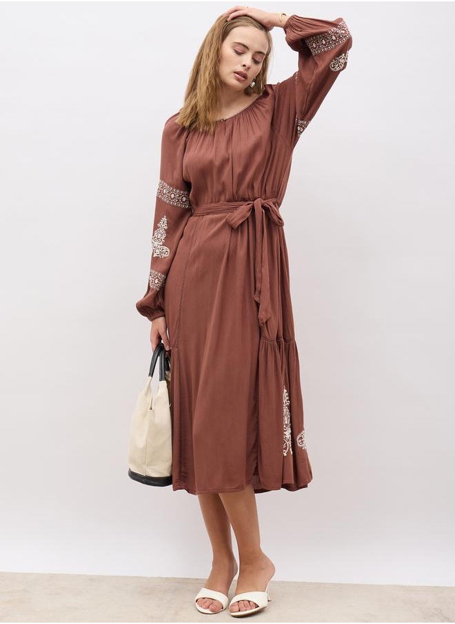 Embroidered Long Sleeves A-Line Midi Dress with Tie Detail