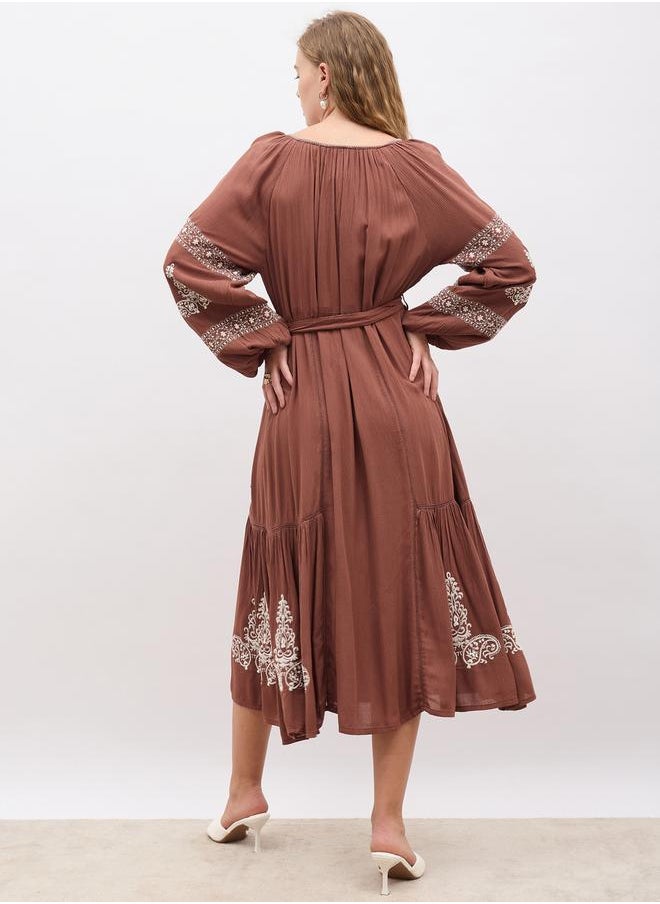 Embroidered Long Sleeves A-Line Midi Dress with Tie Detail