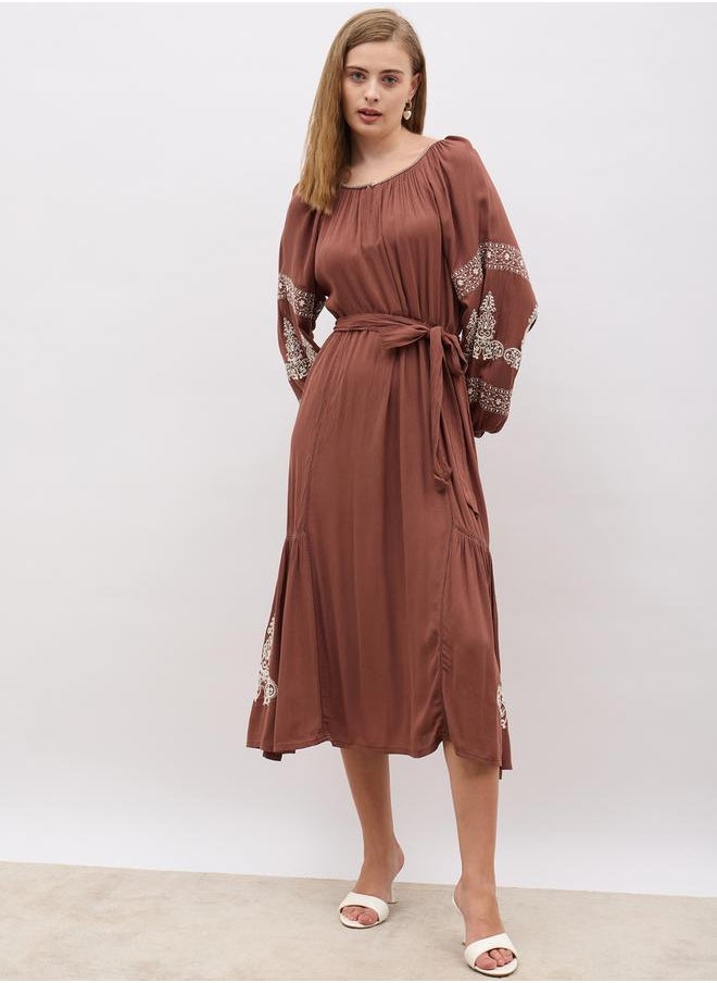 Embroidered Long Sleeves A-Line Midi Dress with Tie Detail