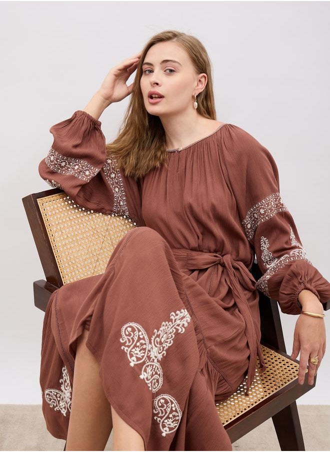 Embroidered Long Sleeves A-Line Midi Dress with Tie Detail