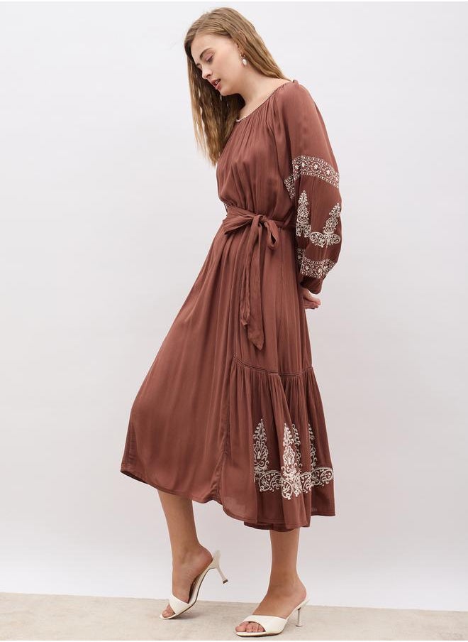 Embroidered Long Sleeves A-Line Midi Dress with Tie Detail