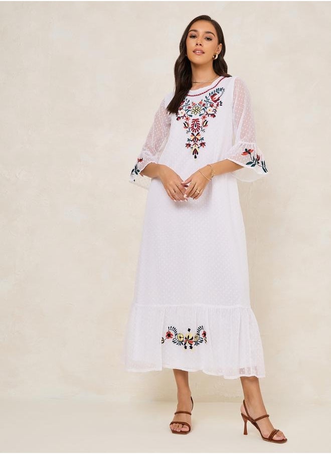 Embroidery Detail Dobby Shift Maxi Dress