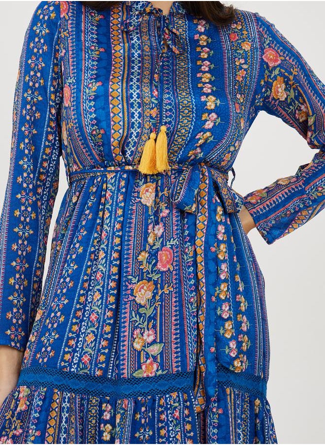 All-Over Print Long Sleeve A-Line Midi Dress