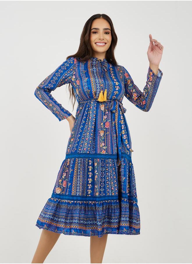 All-Over Print Long Sleeve A-Line Midi Dress