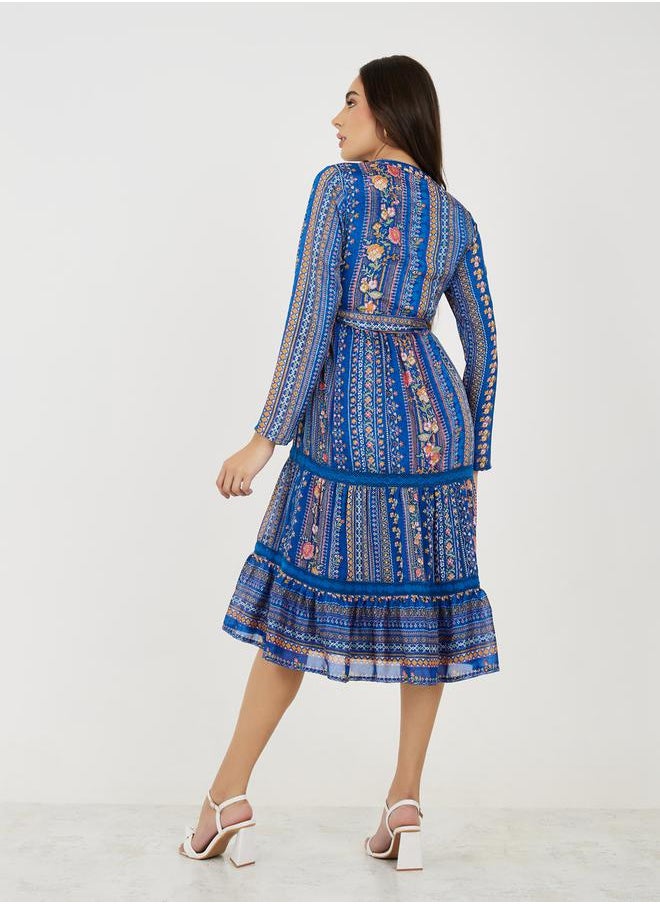 All-Over Print Long Sleeve A-Line Midi Dress